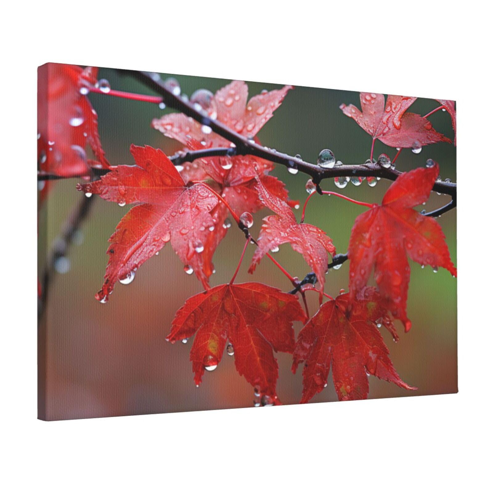 Canvas Wall Art for Living Room Wall Decor 12"x18" Modern Artwork Painting Pictures Hanging Canvas Prints Dew on Red Leaves Aesthetic Wall Art for Bedroom Bathroom Office Wallart Decor
