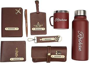 YOUR GIFT STUDIO Personalised All in One Gift Combo for Men’s | Customized Man Gift Hamper with Name & Charm, Leather Men Wallet, Passport Cover, Water Bottle, Keychain, Customized Pen - Brown