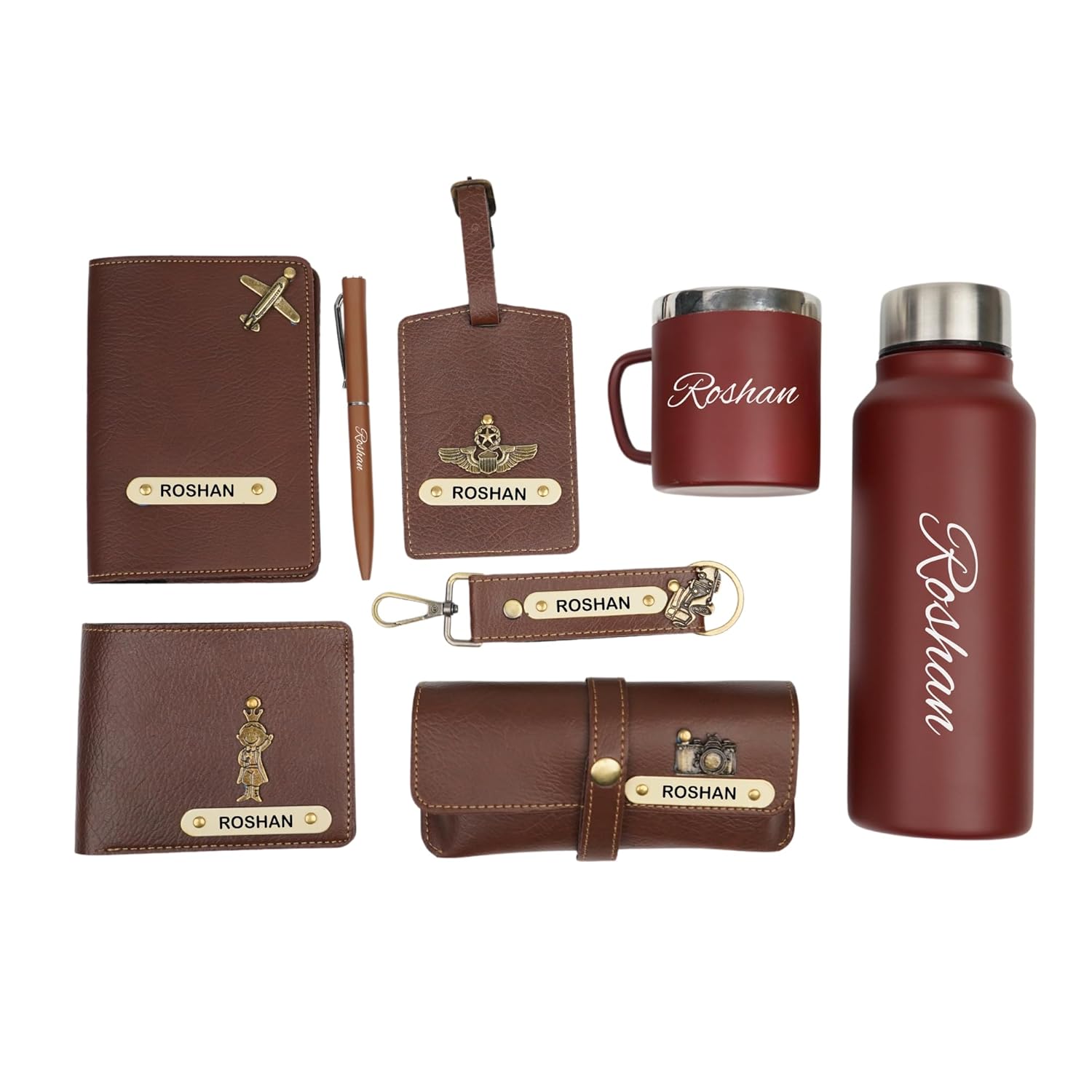 YOUR GIFT STUDIO Personalised All in One Gift Combo for Men’s | Customized Man Gift Hamper with Name & Charm, Leather Men Wallet, Passport Cover, Water Bottle, Keychain, Customized Pen – Brown