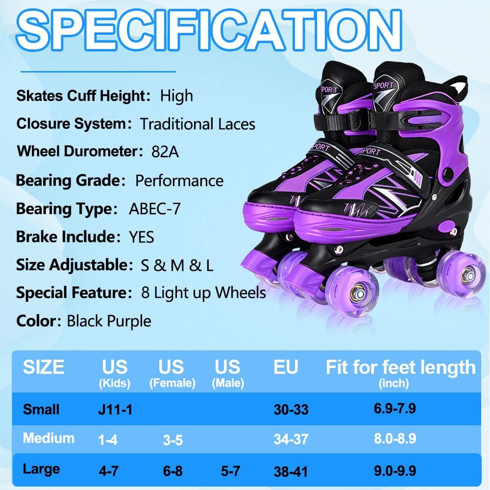 Boys Girls 4 Size Adjustable Kids Roller Skates for Children Toddlers Beginner with All Light Up Wheels, Birthday Gift for Outdoor Indoor Sports