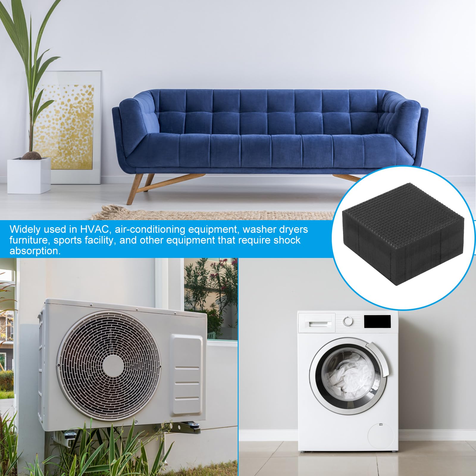 PATIKIL Tampons en Caoutchouc Anti-Vibrations, 4 Pcs, Carrés, 1,97" x 1,97" x 1" pour HVAC, Climatiseur, Compresseur D'Air, Lave-Linge, Sèche-Linge, Noir