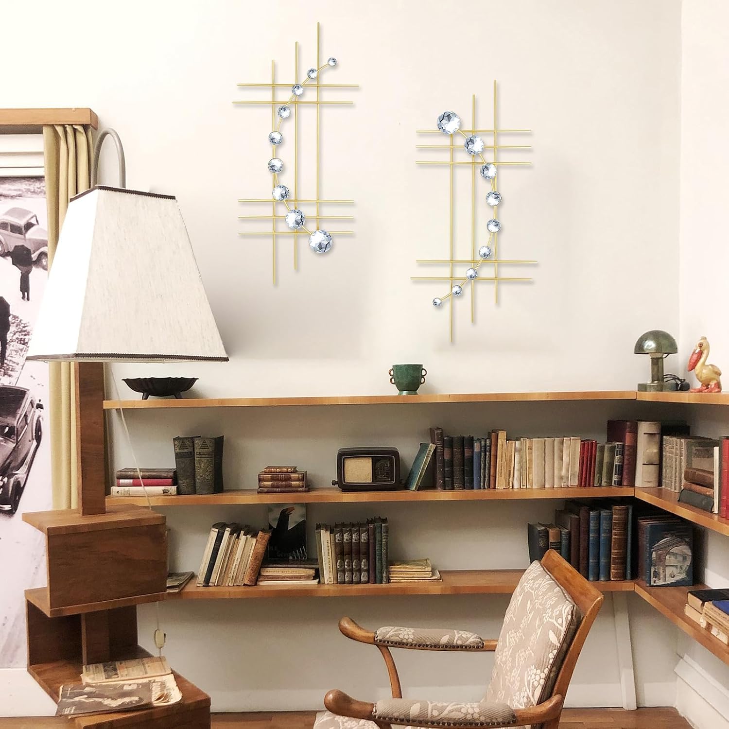 ZEXUIRU 2 Pcs. Abstract Metal Art for Wall Decor Living Room Bedroom Bathroom Office Metal Bling Modern Geometric Hanging Vertical Small Iron Sculpture Plaque Pack -Gold 16.5in