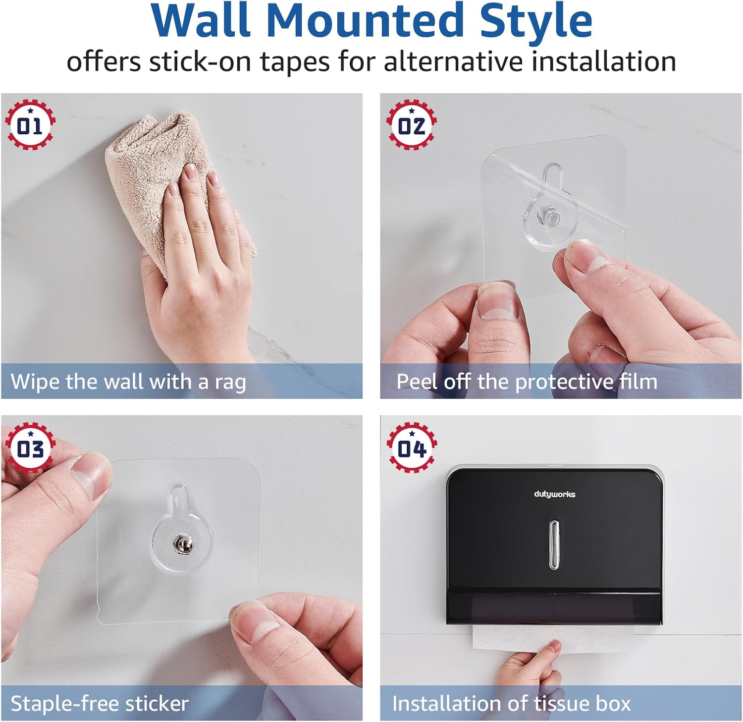 Paper Towel Dispenser Wall Mount, Large Capacity 200 Sheets, No Drilling Adhesive, Commercial & Home Use for Bathroom and Kitchen, Black