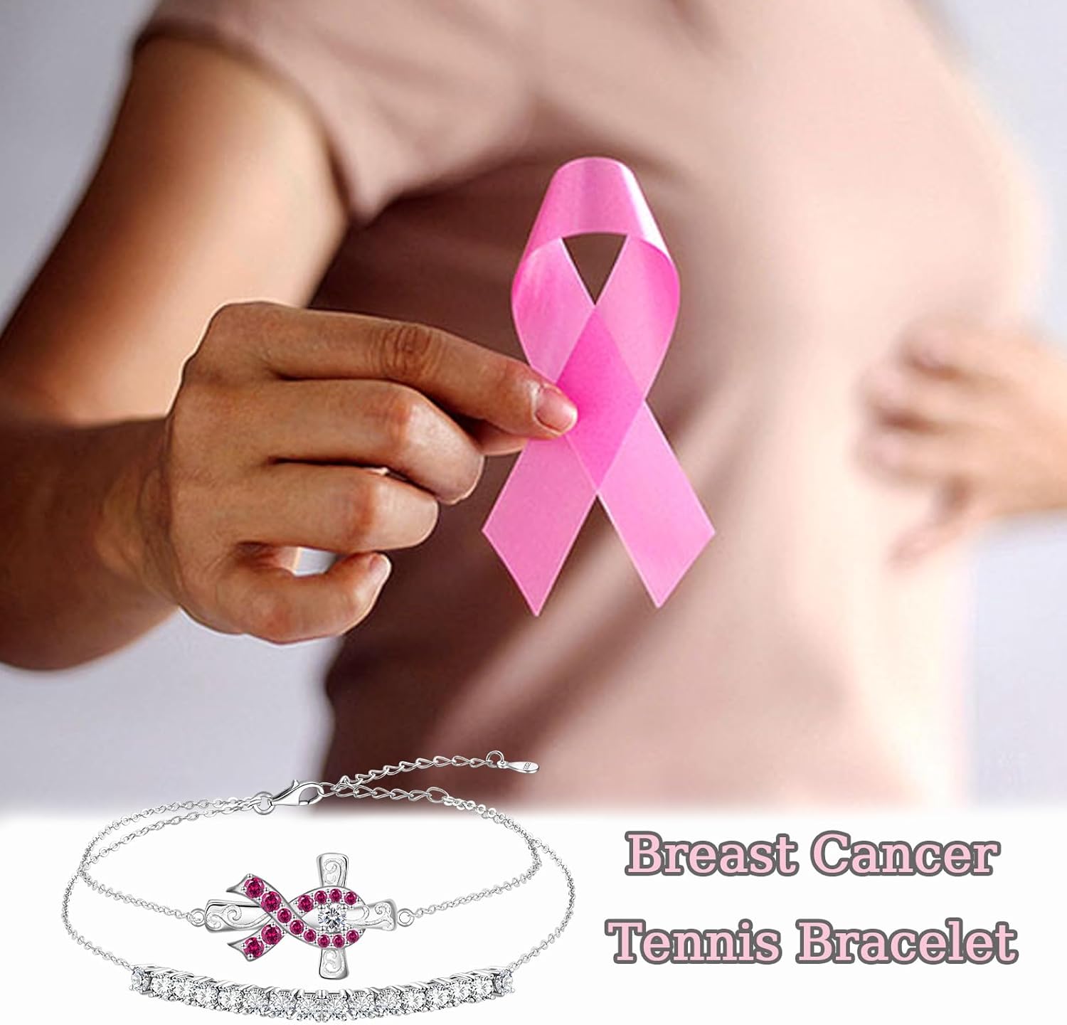 Breast Cancer Bracelet for Women - 925 Sterling Silver Pink 1.5CT 3.0mm Moissanite Tennis Bracelets Cancer Survivor Ribbon Jewelry Gifts for Mom Grandma Wife Girlfriend - Image 2