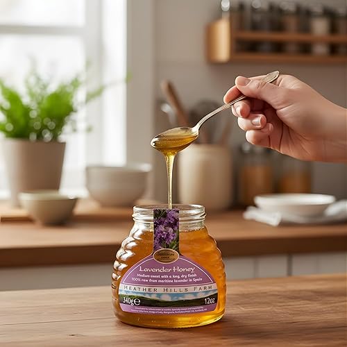 Miniatura 3 de Heather Hills Farm Miel de lavanda española cruda 11.99 oz (12 onzas)  Pura, natural, sin filtrar y sin pasteurizar  Miel monofloral transparente en