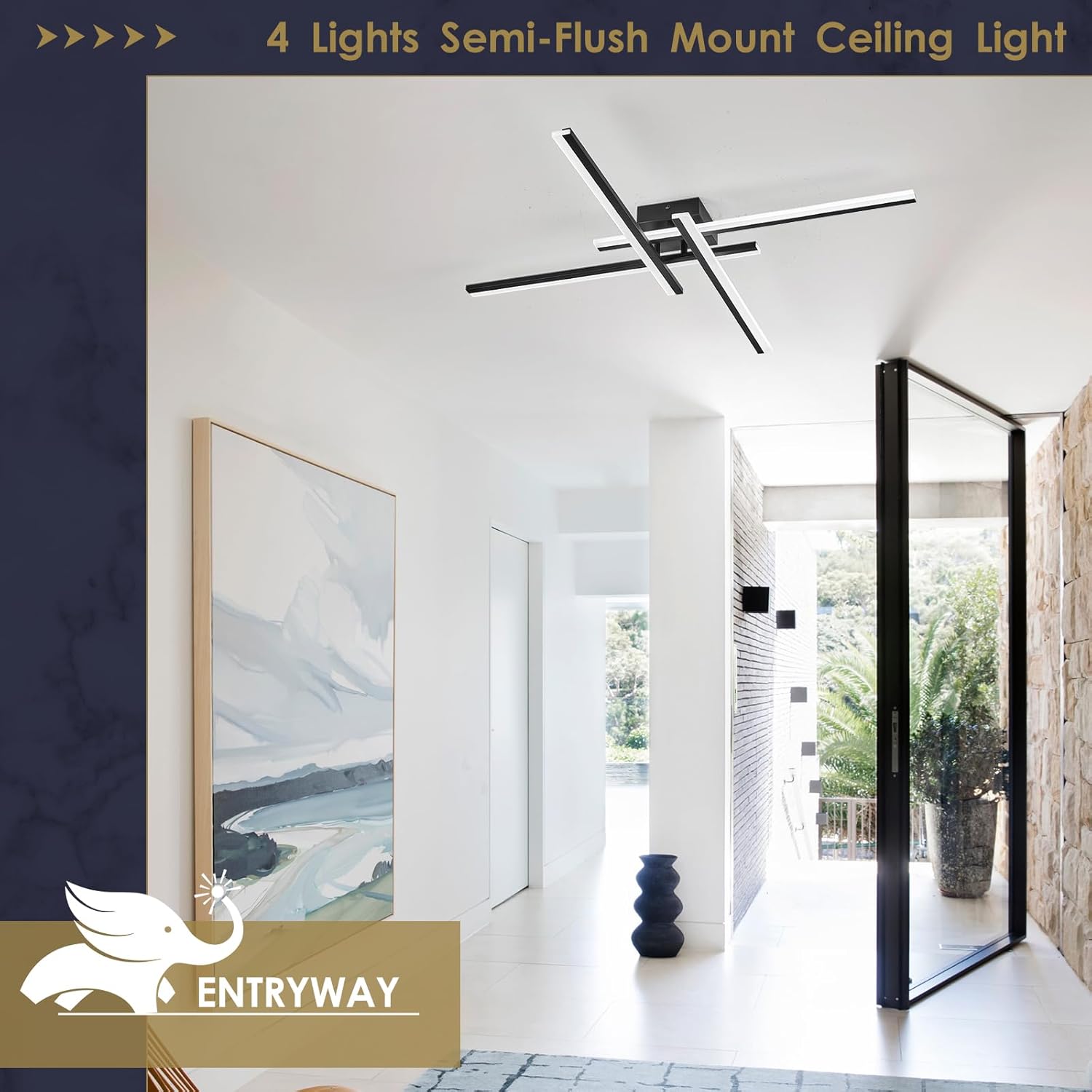 Modern Led Chandelier 4-Lights Semi-Flush Mount Ceiling Lighting Fixture 35.4” Dimmable Remote Control Ceiling Light for Living Room Bedroom Kitchen Foyer 40W