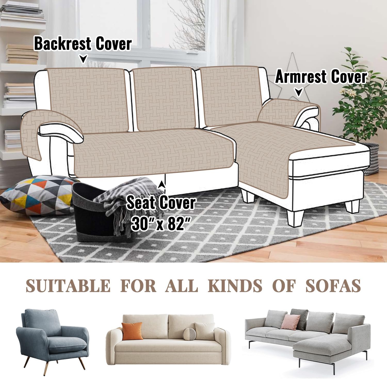 Velvet Sectional Couch Covers, Waterproof Sofa Seat Covers for 3 Cushion Couch, Non-Slip Couch Cover for Dogs Pets Kids Sofa L Shaped Furniture Protector, 30 x 82 Inch Blue(1 Piece)