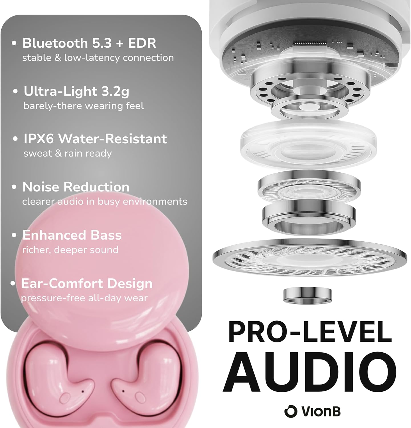 Drift Earbuds VionB Wireless Bluetooth Noise Cancelling Earbuds for Small Ears – Ultra Comfortable Wireless Ear Buds with Mic, Noise Isolation, No Ear Pressure – IP6 Waterproof Ear Buds