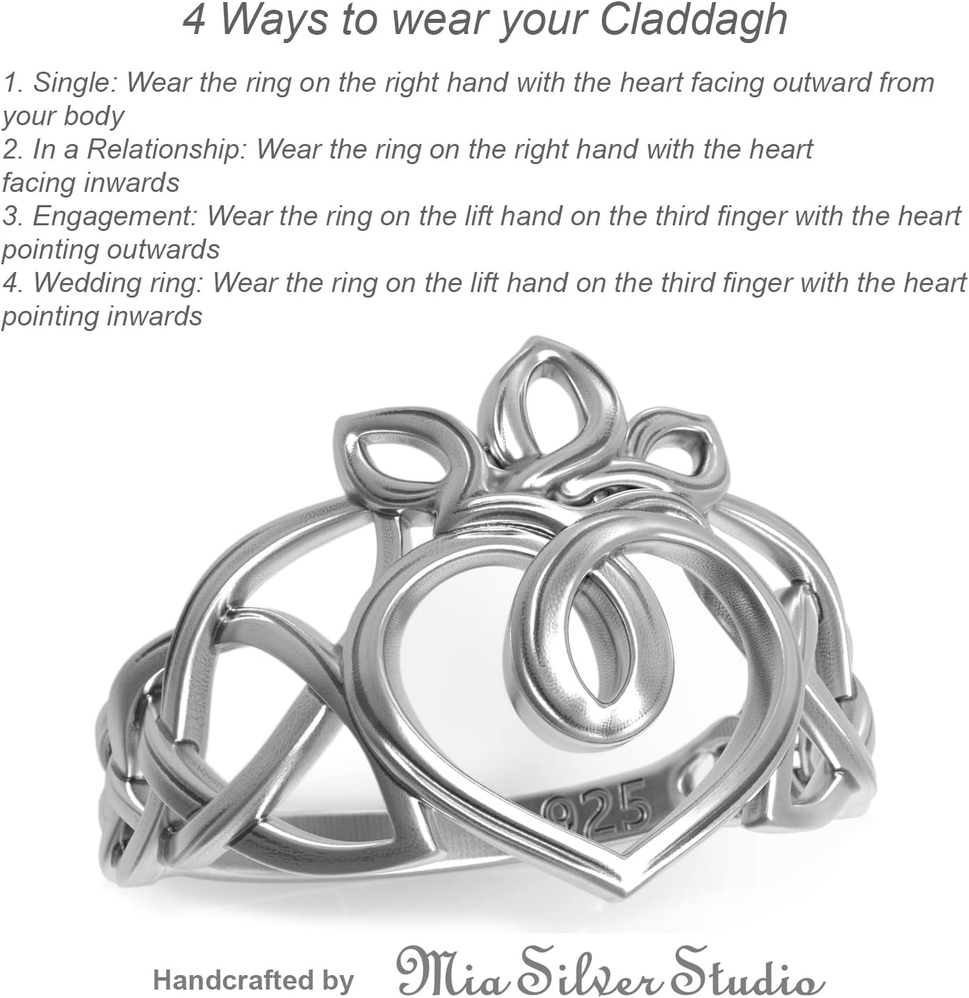 Designer Claddagh Ring for Women – 925 Sterling Silver Celtic Trinity Knot Band – Irish Love Heart Crown Statement Ring – Handmade