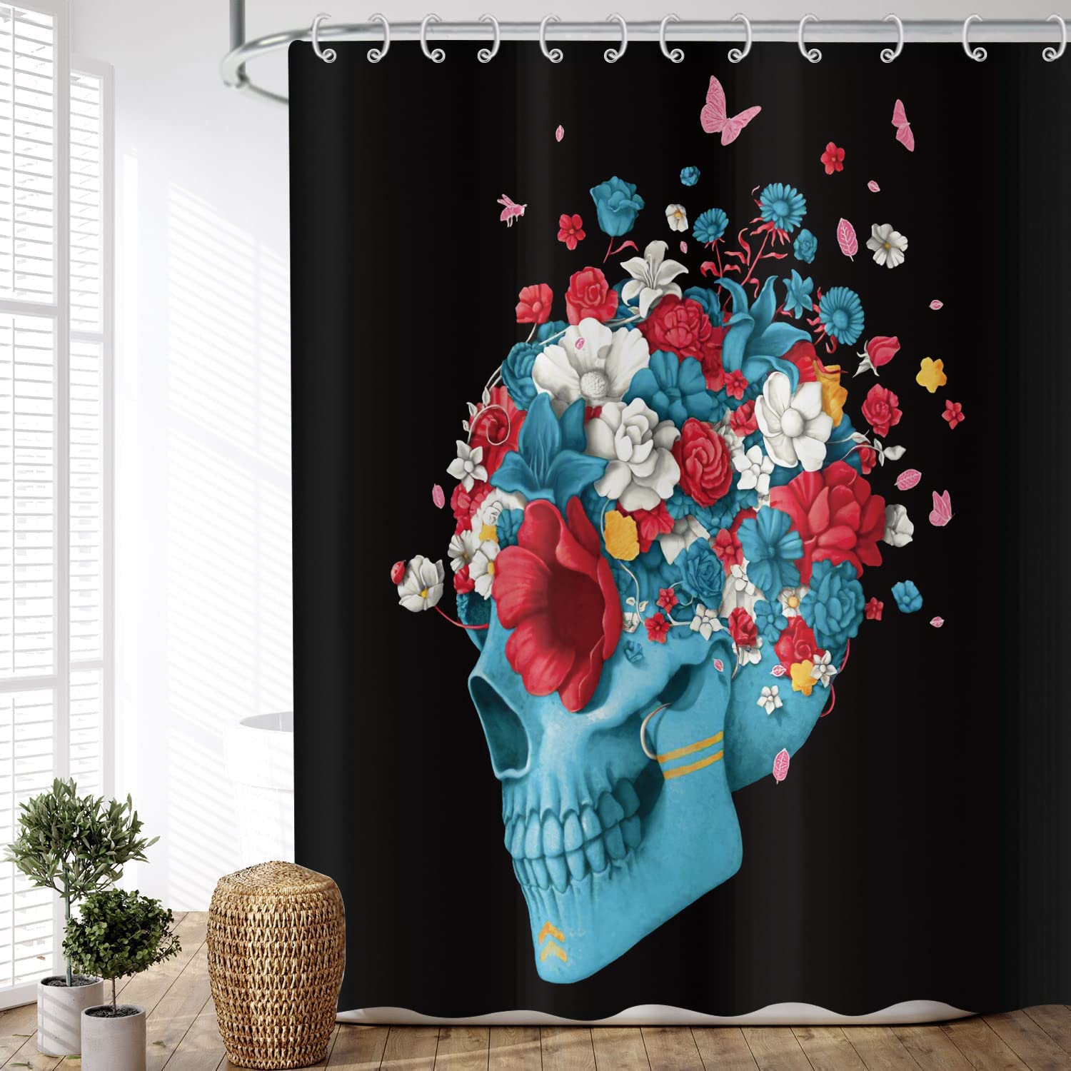 ASDCXZ Shower Curtain Skull 120x180 cm, Modern Art Skull with Colorful Flower Butterfly Black Washable Bath Shower Curtains Polyester Textile Waterproof Shower Curtain for Bathtub with 8 Hooks — image 1