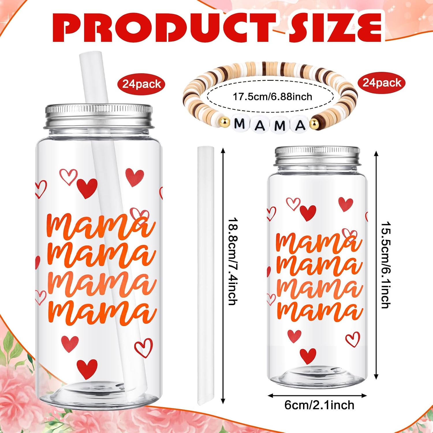 48 Pcs Mothers Day Gifts Bulk for Mama Mom 14.2 oz Mama Plastic Drinking Cup with Lid Boho Polymer Clay Beaded Stretch Bracelet for Women Mom Group Wife Grandma Church Woman Birthday Gifts
