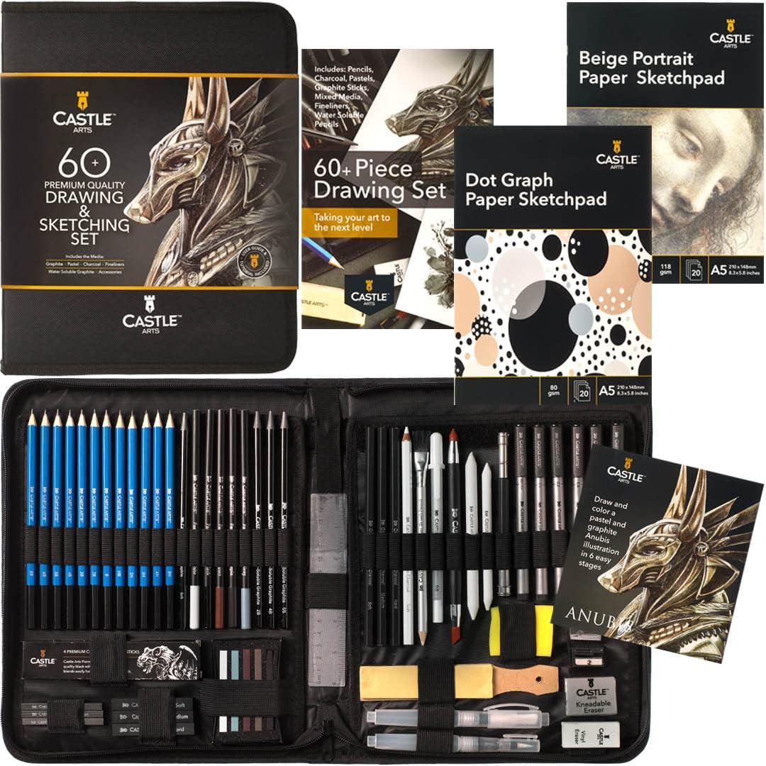 60 Piece Drawing & Sketching Set | Quality Graphite, Charcoal, Pastel, Water Soluble Pencils + Sticks, Fineliners | for Professional and Adult Artists | in Carry-Anywhere Zip Case