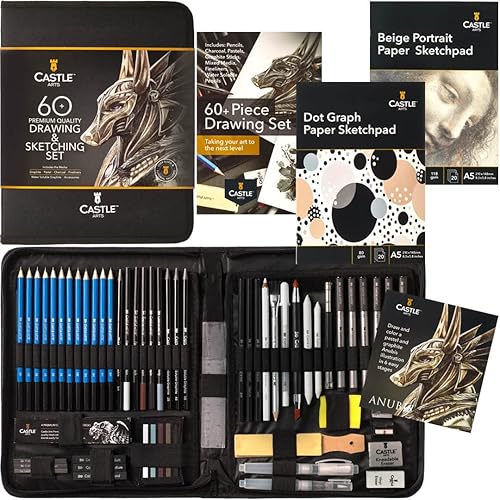 Castle Art Supplies Juego de 60 piezas de dibujo y bocetos | Grafito, carbón, pastel, lápices solubles en agua + palos, delineadores finos, para