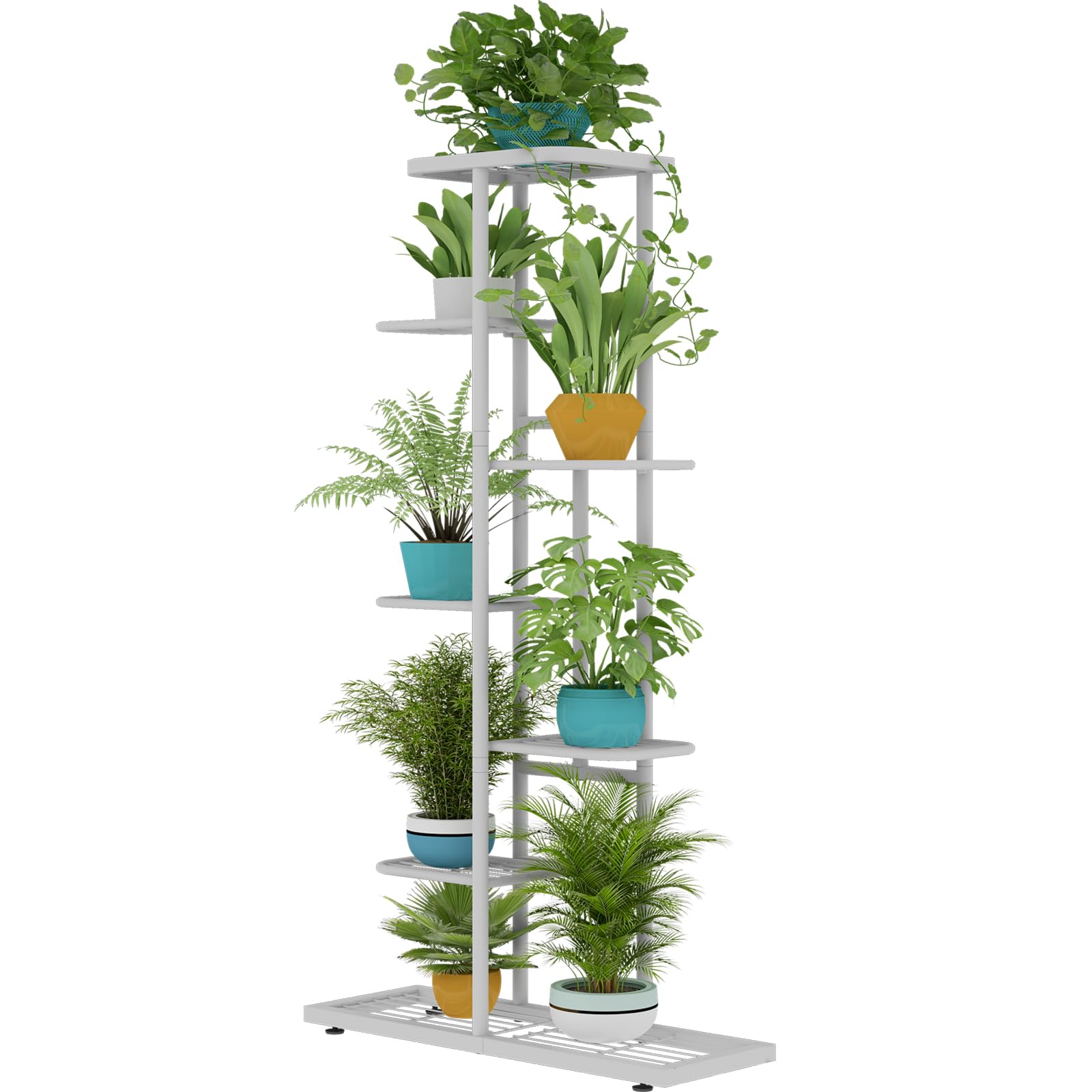 LINZINAR Plant Stand Metal 7 Tier 8 Potted Multiple Flower Pot Holder Shelf Indoor Outdoor Planter Display Shelving Unit for Patio Garden Corner Balcony Living Room, White