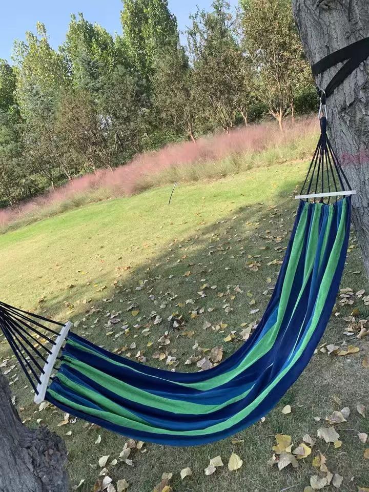 Portable Canvas Hammock, Multi-Color Striped, Indoor Outdoor Hanging Bed with Safety Guard (蓝色)