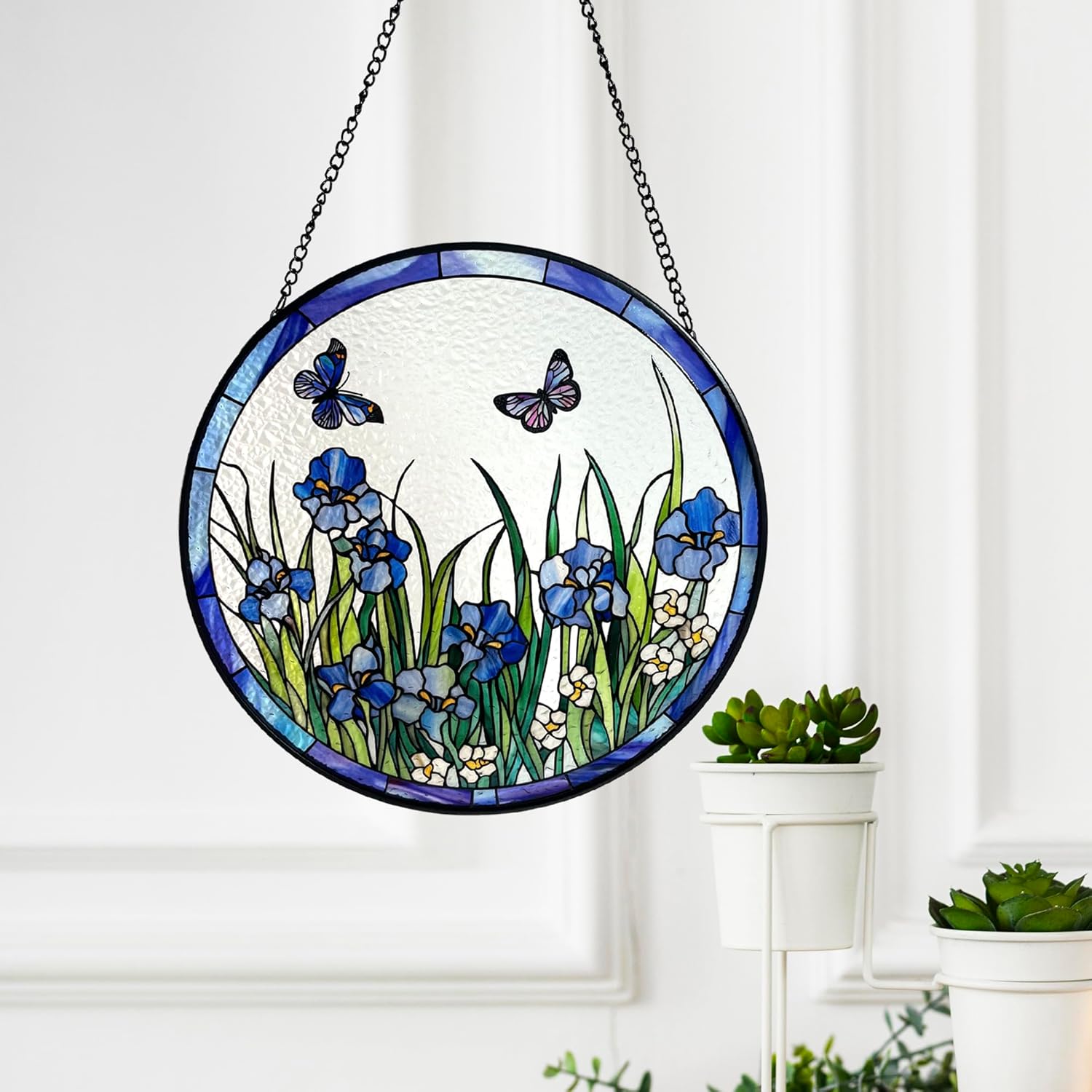 Blue Irises and Butterflies Stained Glass Suncatcher, Handmade Window Hanging Wall Art with Chain, Real Glass Indoor Home Decor, Unique Sun Catcher Gift for Women, Christmas, 11.8”