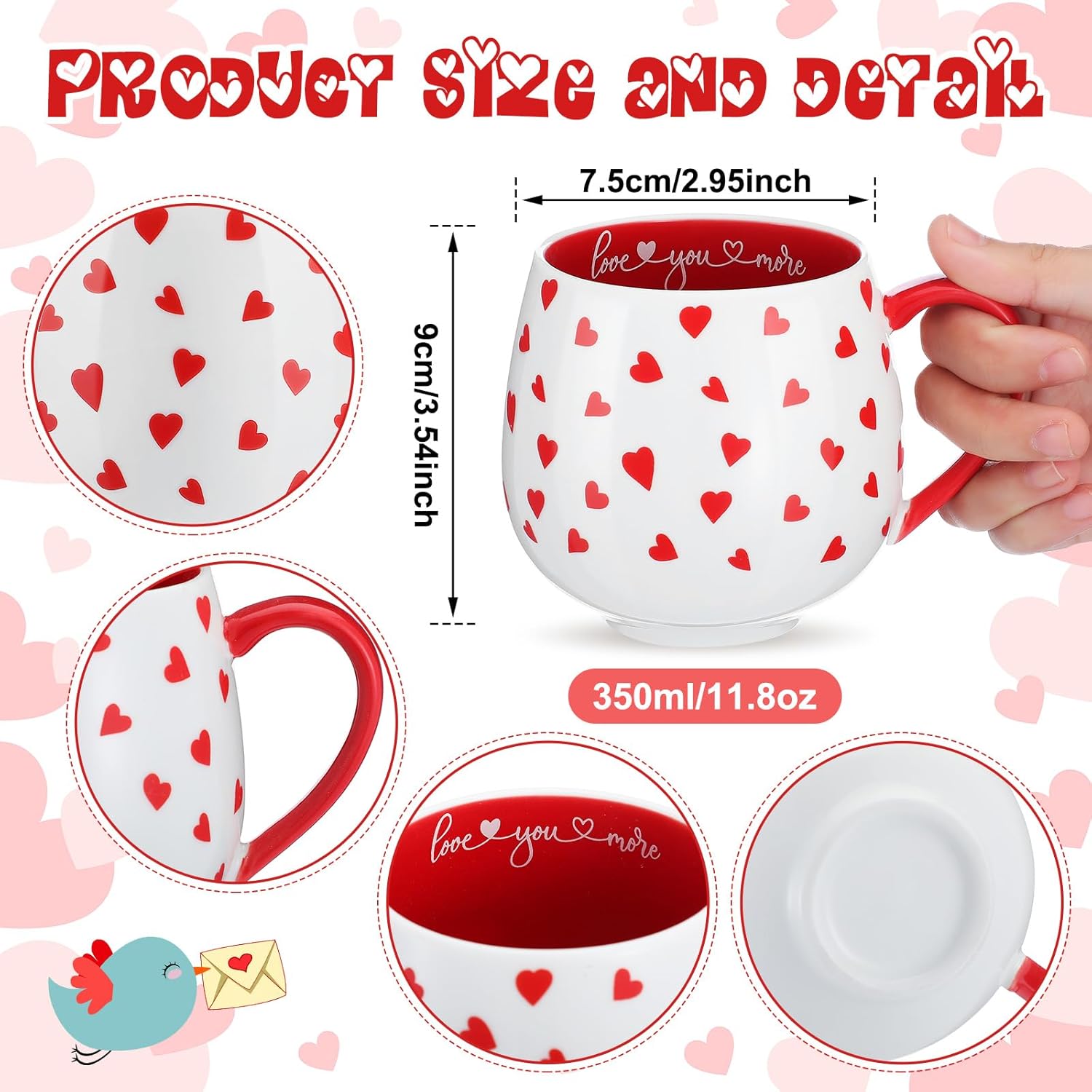 6 Pcs Valentine Day Heart Coffee Mugs 12oz Valentine Red Heart Ceramic Mugs Bulk Cute Couple Cups Set for Anniversary Wedding Engagement Birthday Couple Gifts Mom Women