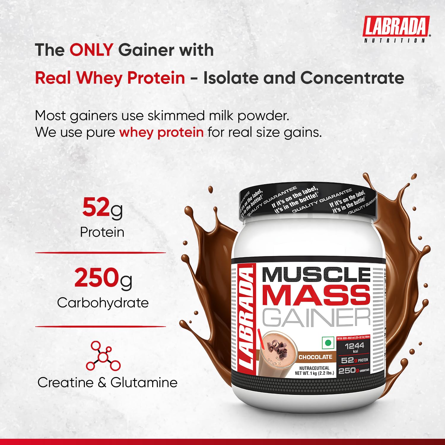 Labrada Muscle Mass Gainer Powder(1 kg) (Chocolate) 2.2 lbs, Gain Weight, Post-Workout, 52gm Protein, 250g Carbs,1g Creatine, 500mg L-Glutamine,For 3 Servings — Amazon image 2