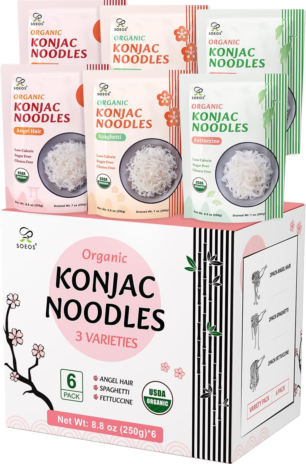 Soeos Organic Konjac Noodles, Shirataki Noodle, 8.8 oz*6 Packs, 3 Variety Noodles, Fettuccine, Angel Hair, Spaghetti, Low Calorie, Low Carb, Keto and Paleo Friendly, Total 52.8 Ounce