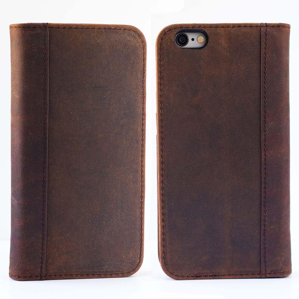 iPhone 6, iPhone 6S Case (Does NOT Fit 6/6s PLUS) by Cherry Tree Leather | Genuine Top-Grain Leather Case with 5 ID or Credit Card Slots, Stand, and Magnetic Closure | Men and Women (Natural Brown)