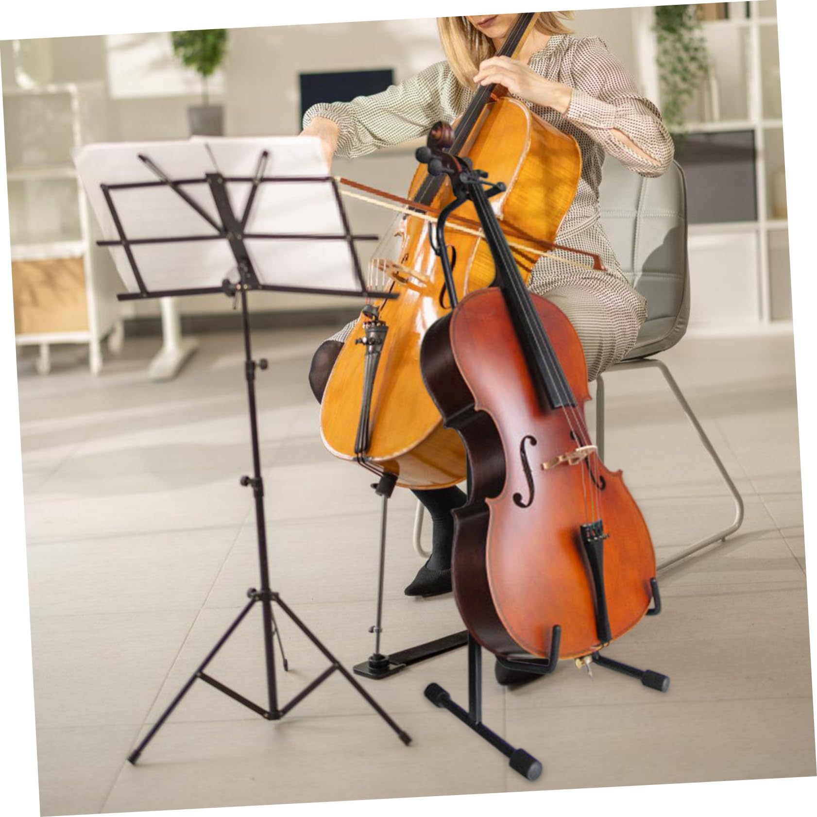 Soporte Plegable para Violonchelo Negro de Aleación, Portátil | Diseño Ajustable y Estable, Incluida, Formato Compacto para Traslado y Guardado Sencillo
