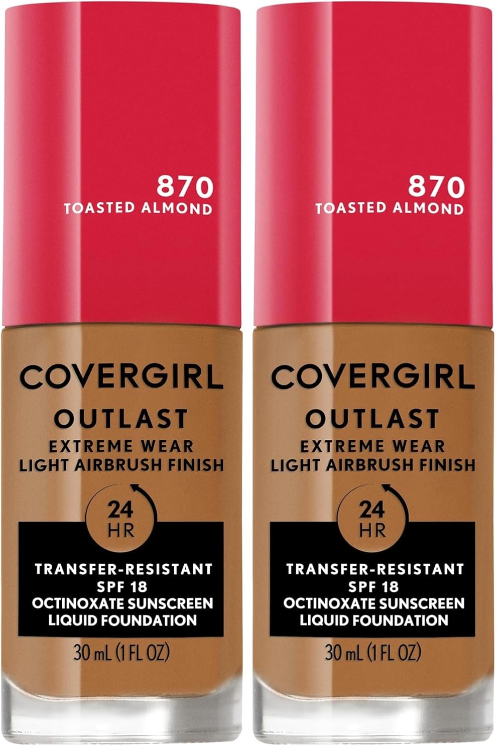 Covergirl Outlast Extreme Wear 3-in-1 Full Coverage Liquid Foundation, SPF 18 Sunscreen, Toasted Almond, 1 Fl. Oz. (Pack of 2)