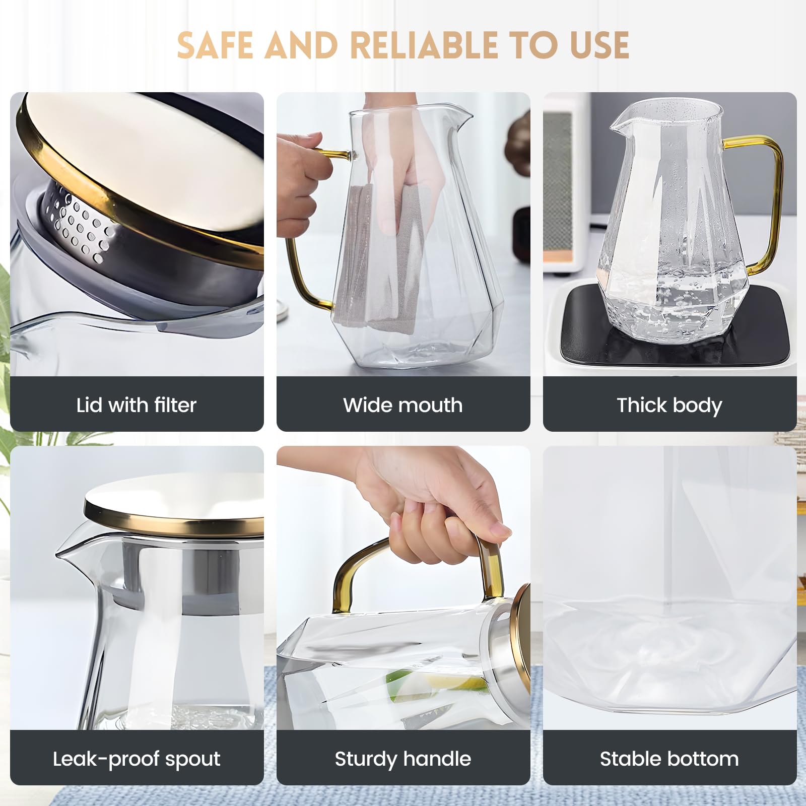 Glass Water Jug 2L, Large Borosilicate Water Pitcher with Lid, Heat Resistant & Fridge Safe Carafe - Image 4
