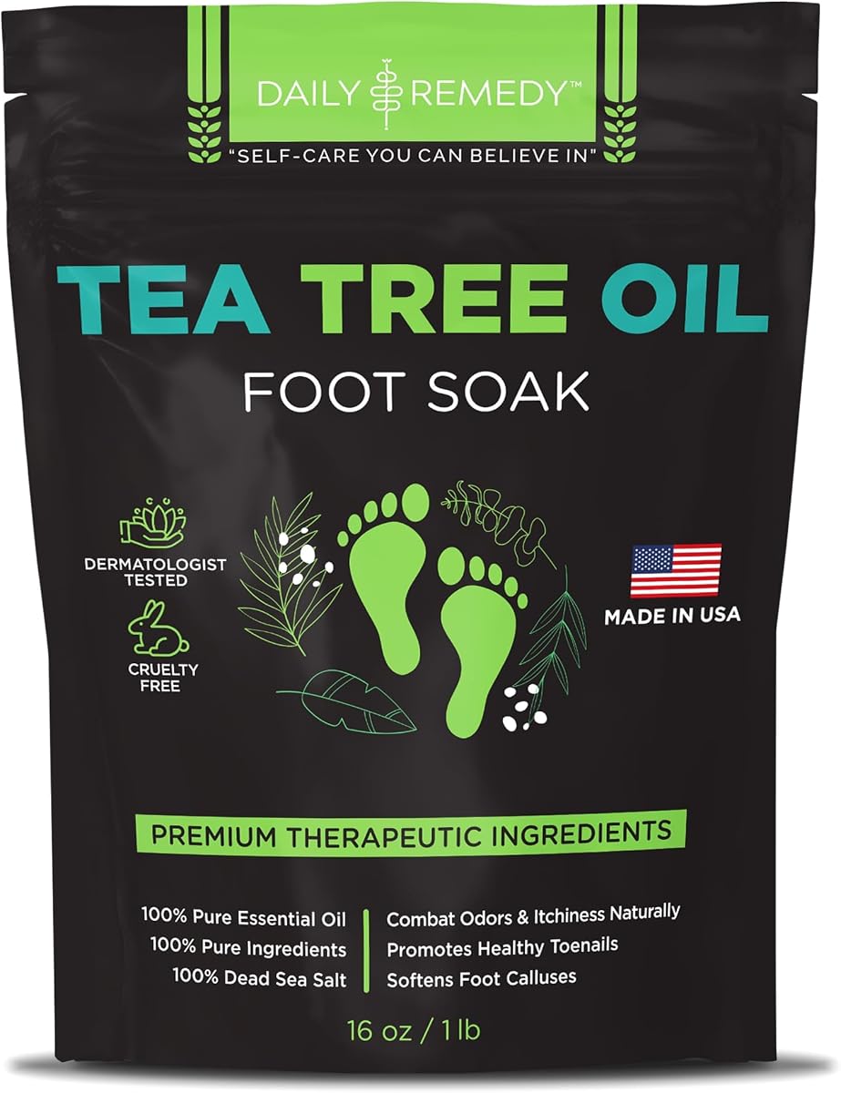 Aceite de árbol de té para pies con sal de Epsom, fabricado en Estados Unidos, para irritaciones de uñas de los pies, pie de atleta, olor a pie rebelde, suaviza los callos y alivia los pies cansados y doloridos, 16 onzas