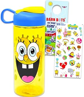 Nickelodeon SpongeBob SquarePants Water Bottle Bundle - 16.5 Oz Reusable Plastic SpongeBob Water Bottle for Kids, Boys, Girls - School Supplies Set with Stickers, Barn Bots Door Hanger