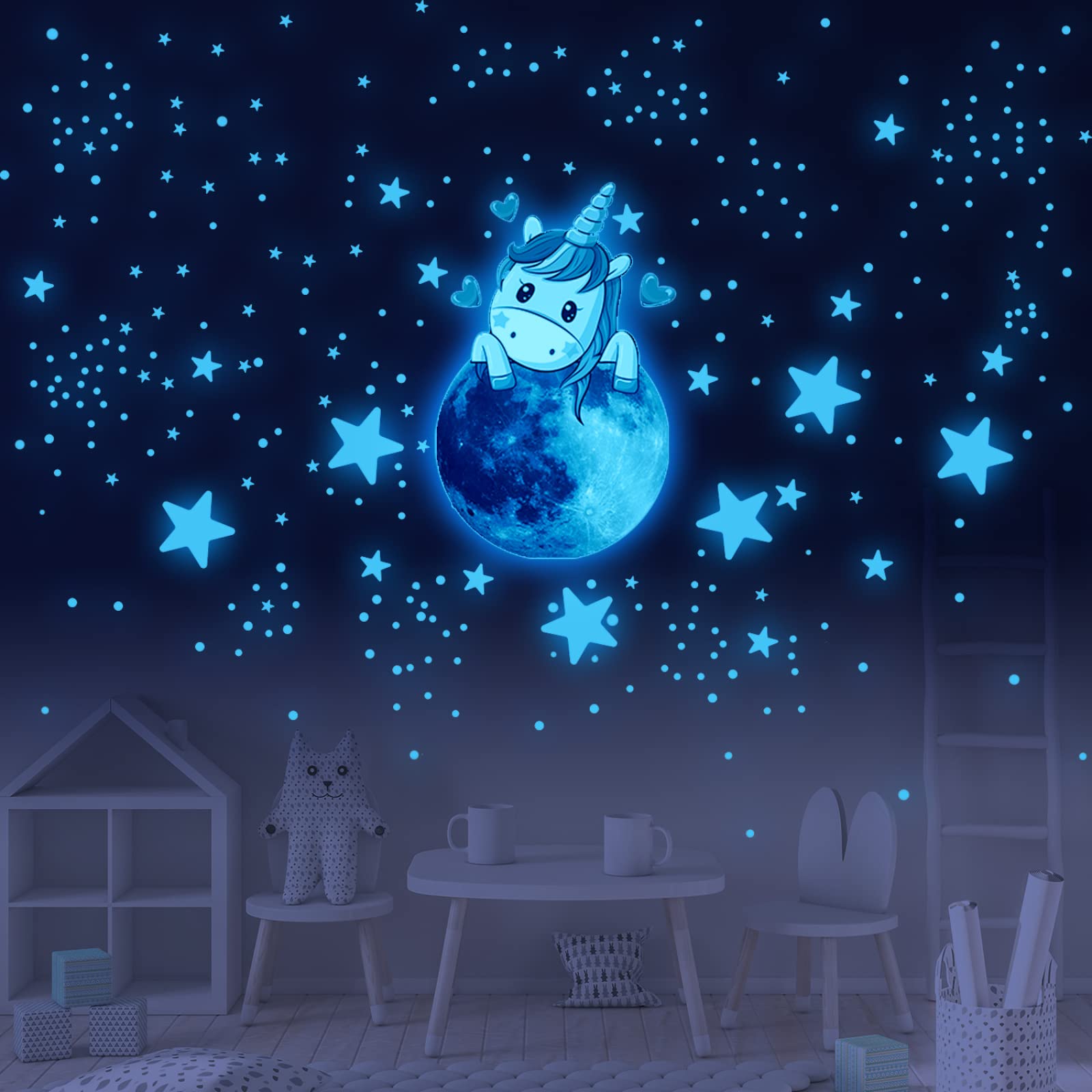 Stickers Muraux Star Planète Licorne Stickers Muraux DIY Enfants Etoiles Phosphorescentes Plafond Etoile Fluorescente Chambre Enfant Adulte pour Salon Chambre Cadeau 3 Pièces
