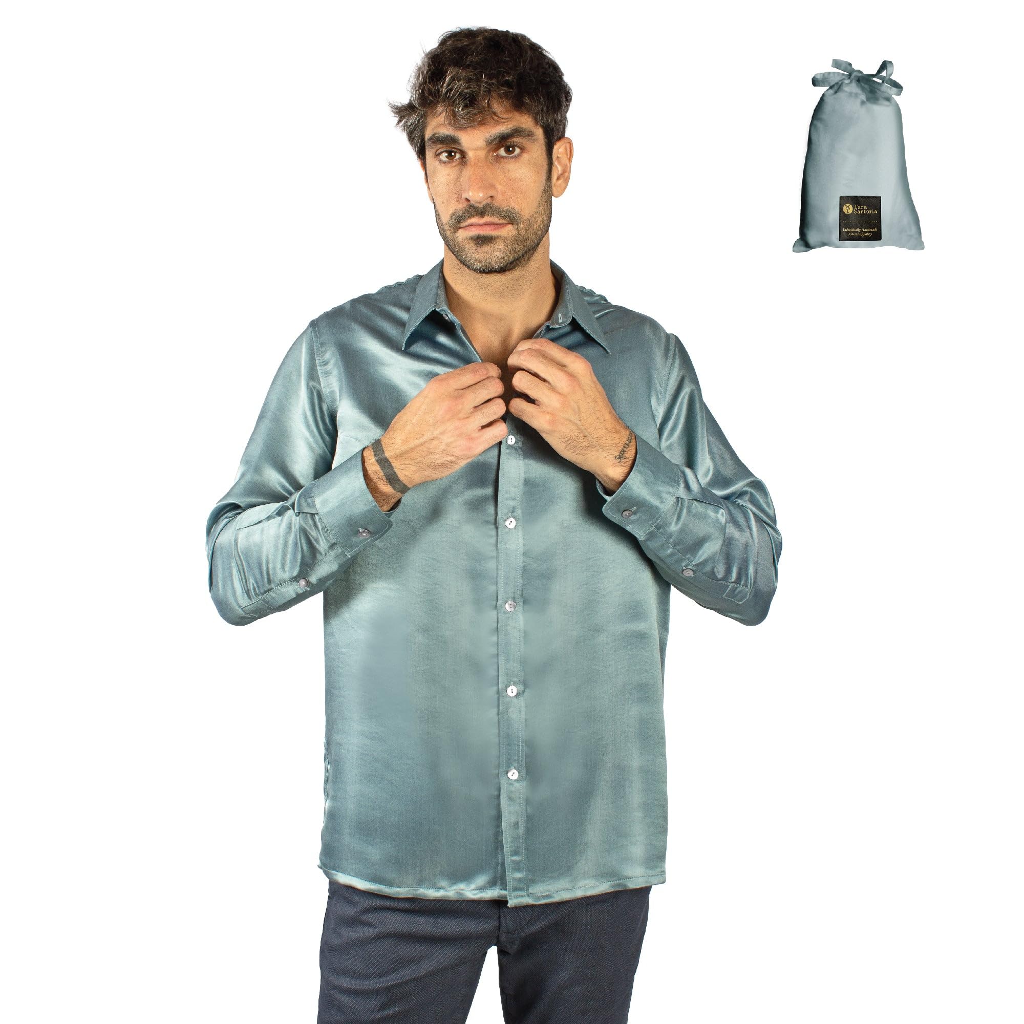Luxury Artisan Silk Shirt for Men, Washable Pure Natural Silk 27 Mm Long Sleeves