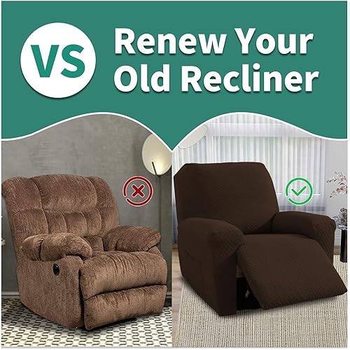 Vista 61 de YEMYHOM Funda elástica de 4 piezas para silla reclinable de jacquard con bolsillo lateral, antideslizante, ajustable, protector de muebles con parte