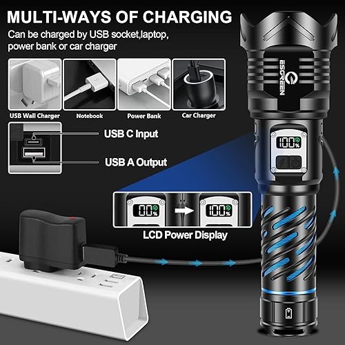 Miniatura 5 de Esgreen Linternas recargables superbrillantes de alto brillo, 99,000 lúmenes, potentes luces LED de largo alcance, luces de flash grandes fuertes,