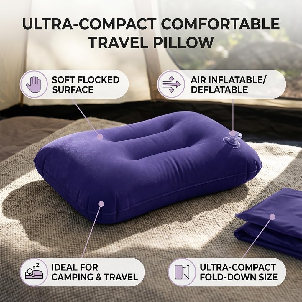 Inflatable Camping Pillow Blow Up Pillow Backpacking Pillows Ultralight Outdoor Comfortable Inflatable Pillow Flocking Fabric Air Inflating for Camping Traveling