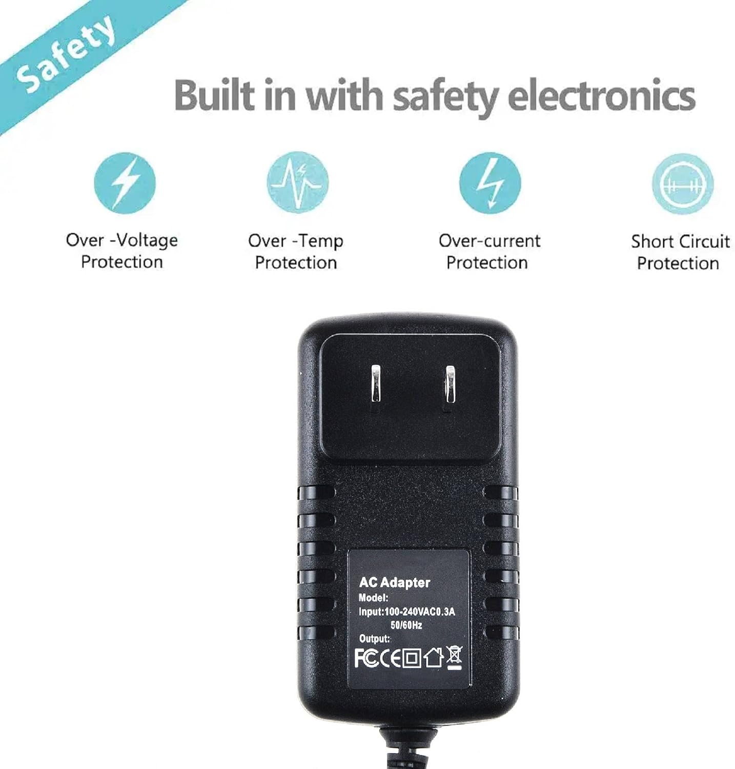 Image showing the AC adapter with labels for Over-Voltage, Over-Temp, Over-current, and Short Circuit Protection.