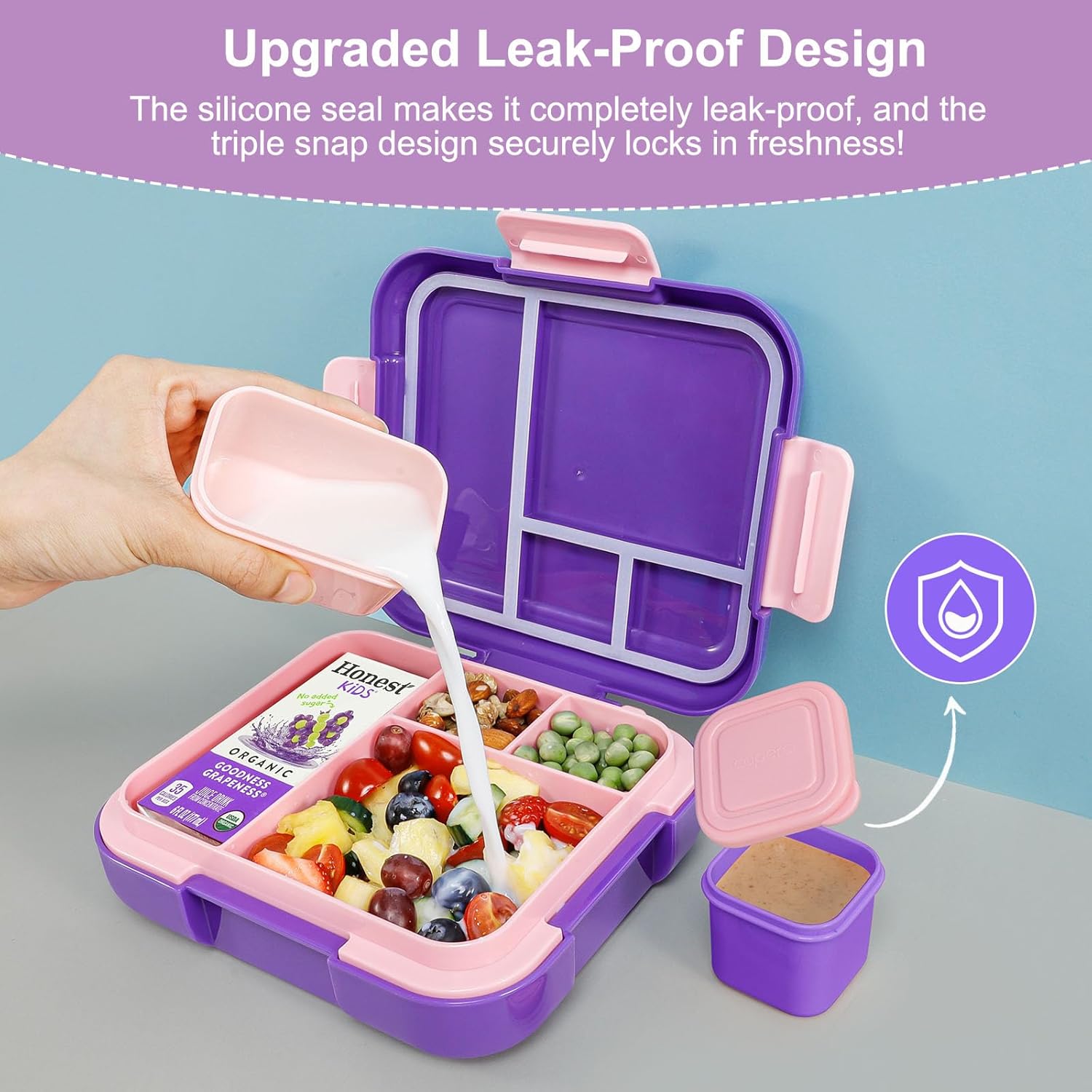 Caperci Bento Box for Kids - Leak-Proof Toddler Lunch Box Container with 2 Modular Containers & 4 Compartments, Hold 4.8 Cups, Portable Handle, BPA-Free, Microwave/Dishwasher Safe (Unicorn) - Image 4