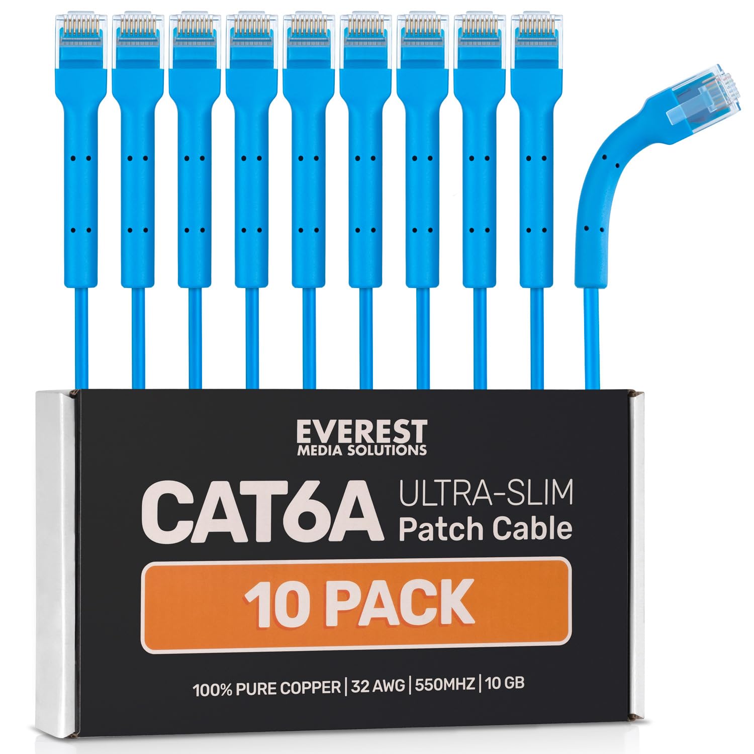 Everest Ultra Slim Cat6a Ethernet Patch Cables 5ft (10-Pack) Blue - 10GB Cat 6a Patch Cable - Bendable, Flexible & Thin Ethernet Cable - Space Saving 32AWG 550MHZ Cat6a Cables - 100% Copper Wires