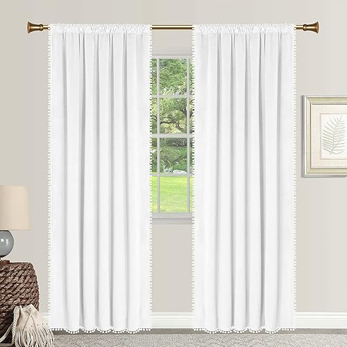 SNITIE Pom Pom Velvet Curtains with Rod Pocket Thermal Insualted Soft Privacy Light Filtering Velvet Drapes for Bedroom and Living Room, Set of 2 Panels ( White, 42 x 95 Inches Long )