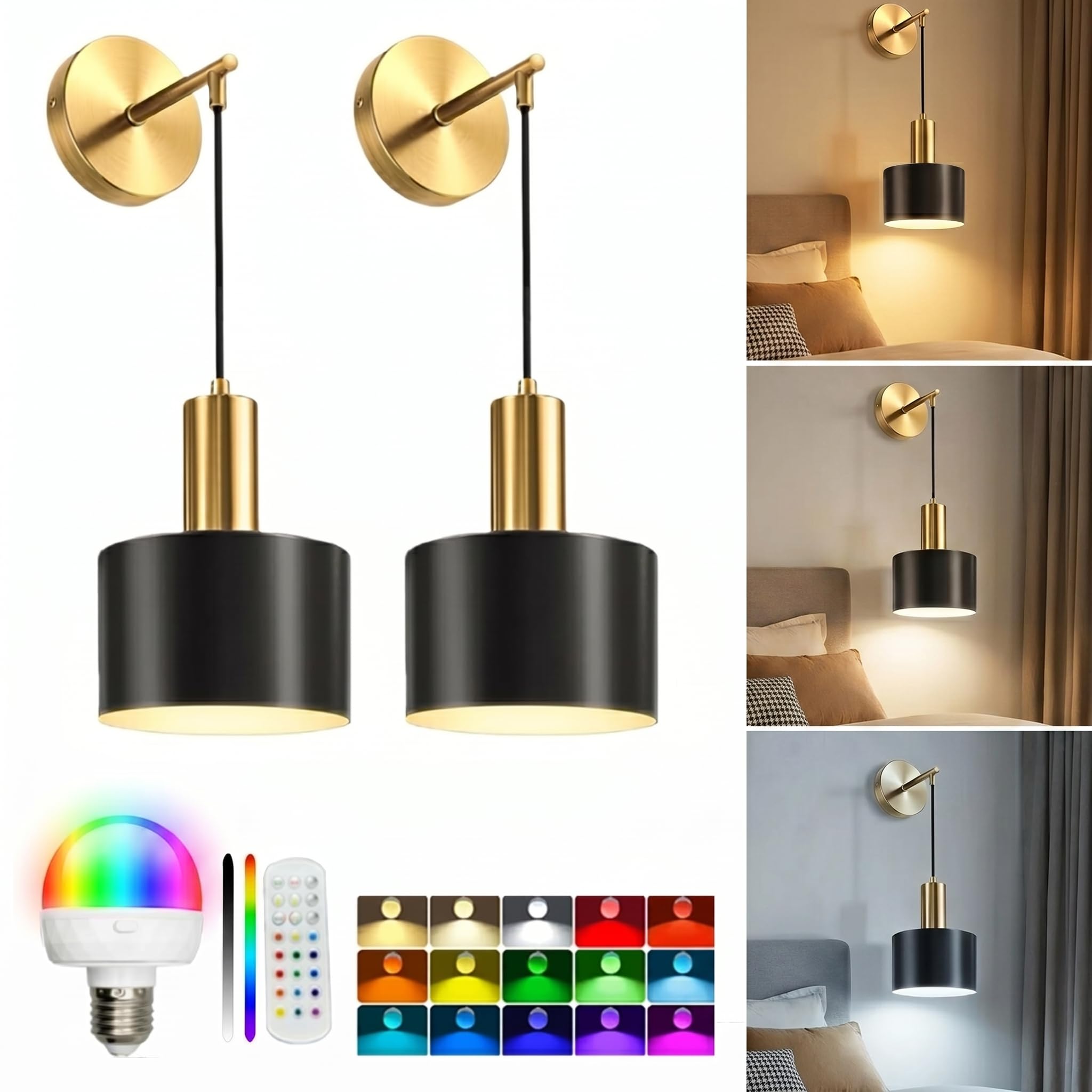 2-Pack Cordless Wall Sconces Detachable Rechargeable Bulbs, 15-Color RGB Indoor Dimmable Lighting Lamp. Battery Operated Lights featuring Remote Control, Timer Memory for Bedroom Hallway Living Room