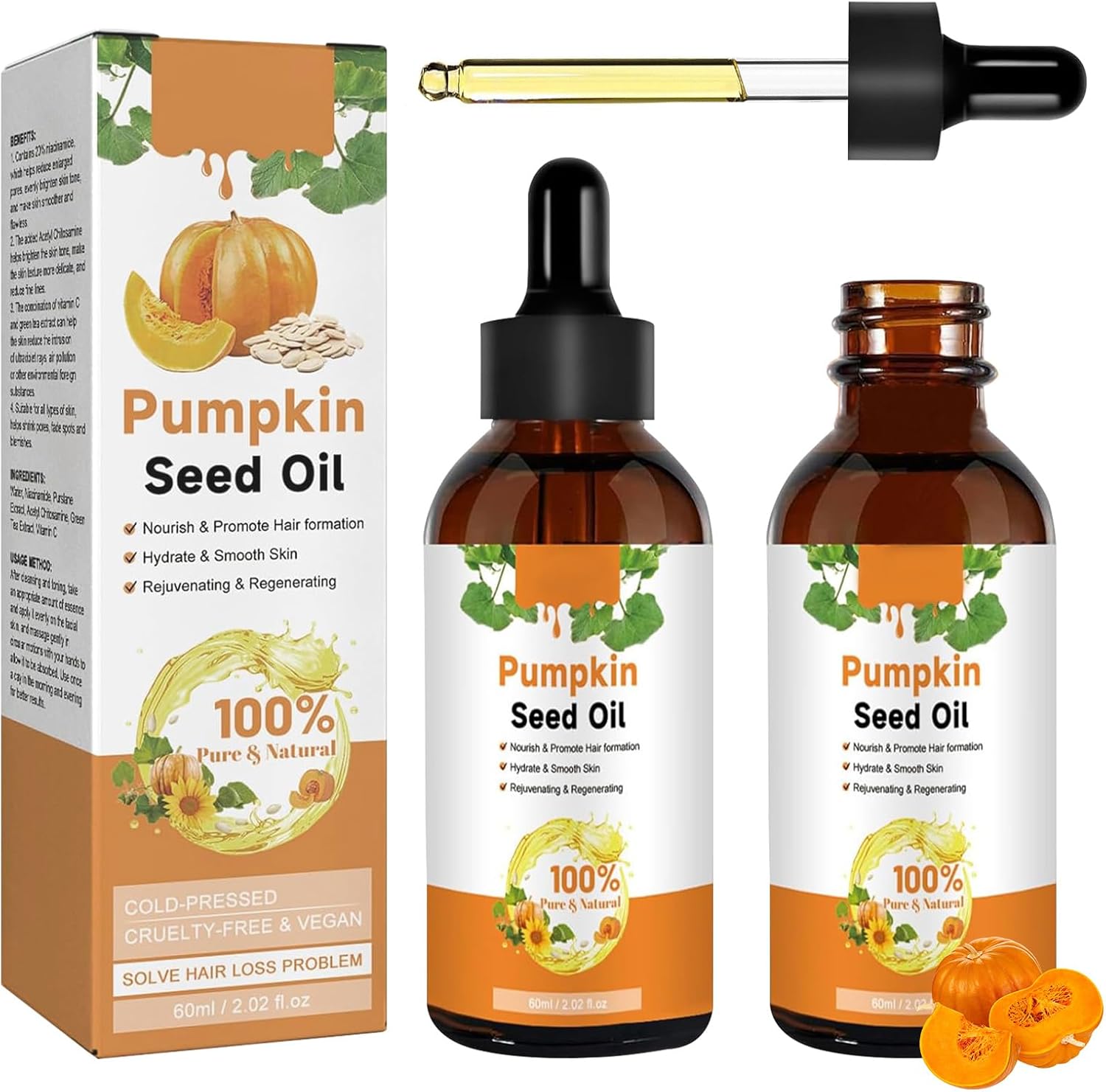 Pompoenpitolie, 2 stuks, pompoenzaden, 120 ml, pompoenpitolie, 100% pure pompoenpitolie, biologische pompoenzaadolie voor haargroei