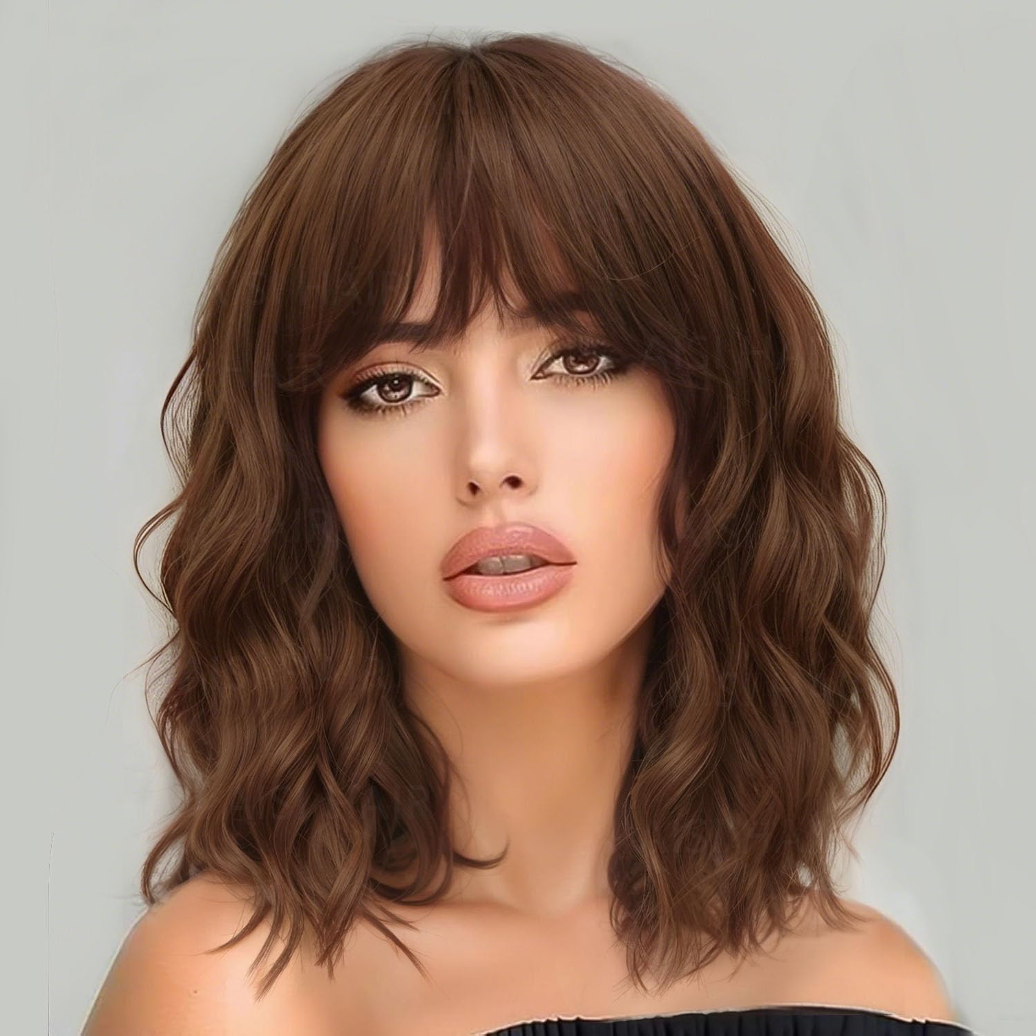 AISI HAIR Bob Curly Wig with Bangs Short Wavy Wigs for Women ash auburn