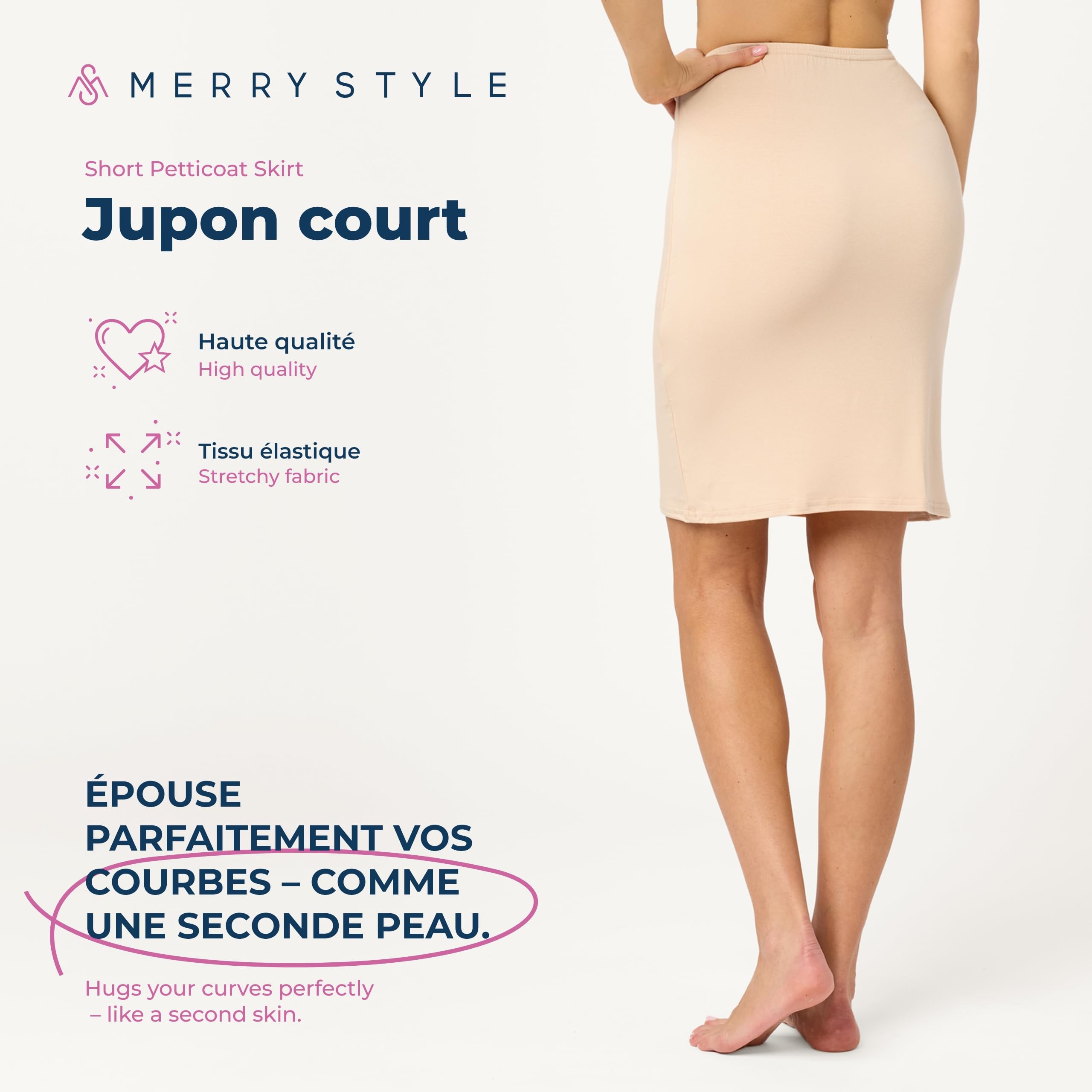 Merry Style Jupon sous Robe Jupe Lingerie sous-vêtement Femme Invisible Demi-Jupe Elastique Mi-Long MS-204