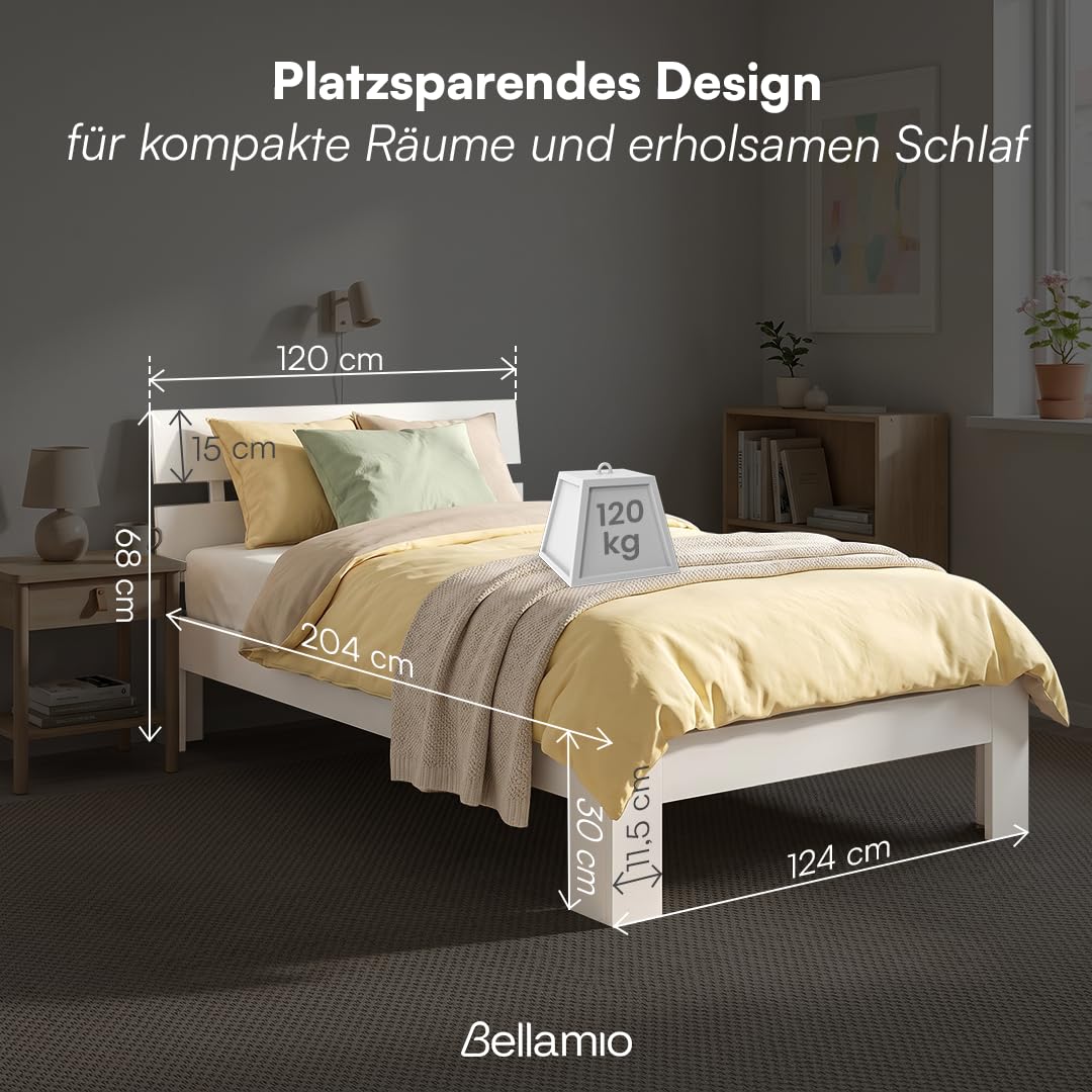 Bellamio Kavir Holzbett 120x200 cm, Massivholz Kiefer, mit Lattenrost, weiß | Massivholzbett , Bettgestell mit Bettkopf, Stabiler Bettrahmen bis 120 kg, geeignet als Einzelbett, lackiert