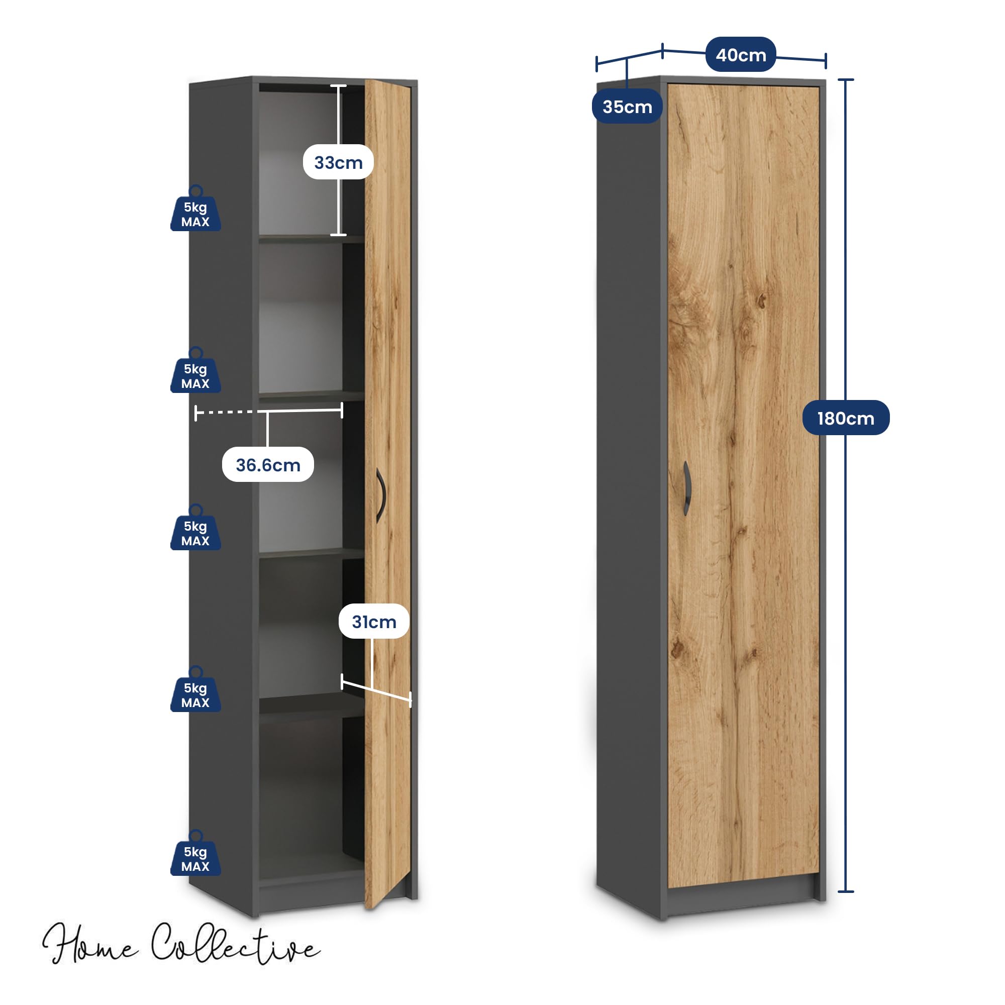 Home Collective Bibliothèque Armoire, Étagère, Meuble de Rangement Polyvalent avec 4 étagères, Armoire de Bureau| 40 x 35 x 180 cm (L x P x H) | pour Chambre, Couloir, Bureau | Anthracite chêne