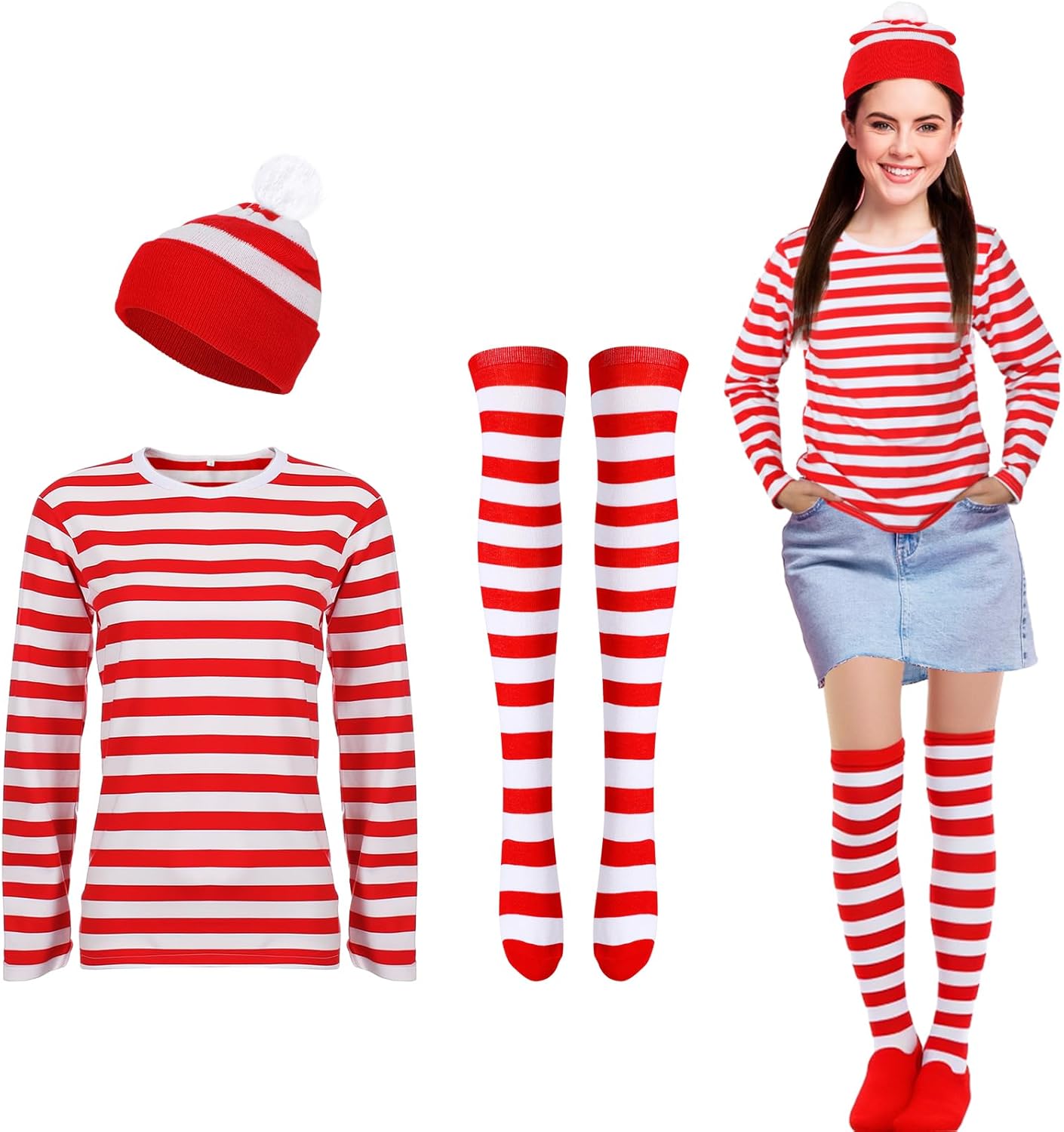 Haysandy Christmas Costume Set Striped Cosplay Shirt Hat Sock for Christmas Party Outfit - Image 3