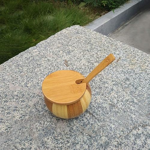Miniatura 6 de Luxshiny Azucarero de bambú o tazón de especias con cuchara, contenedor de madera para condimentos, olla de sal de granja, plato de mantequilla,