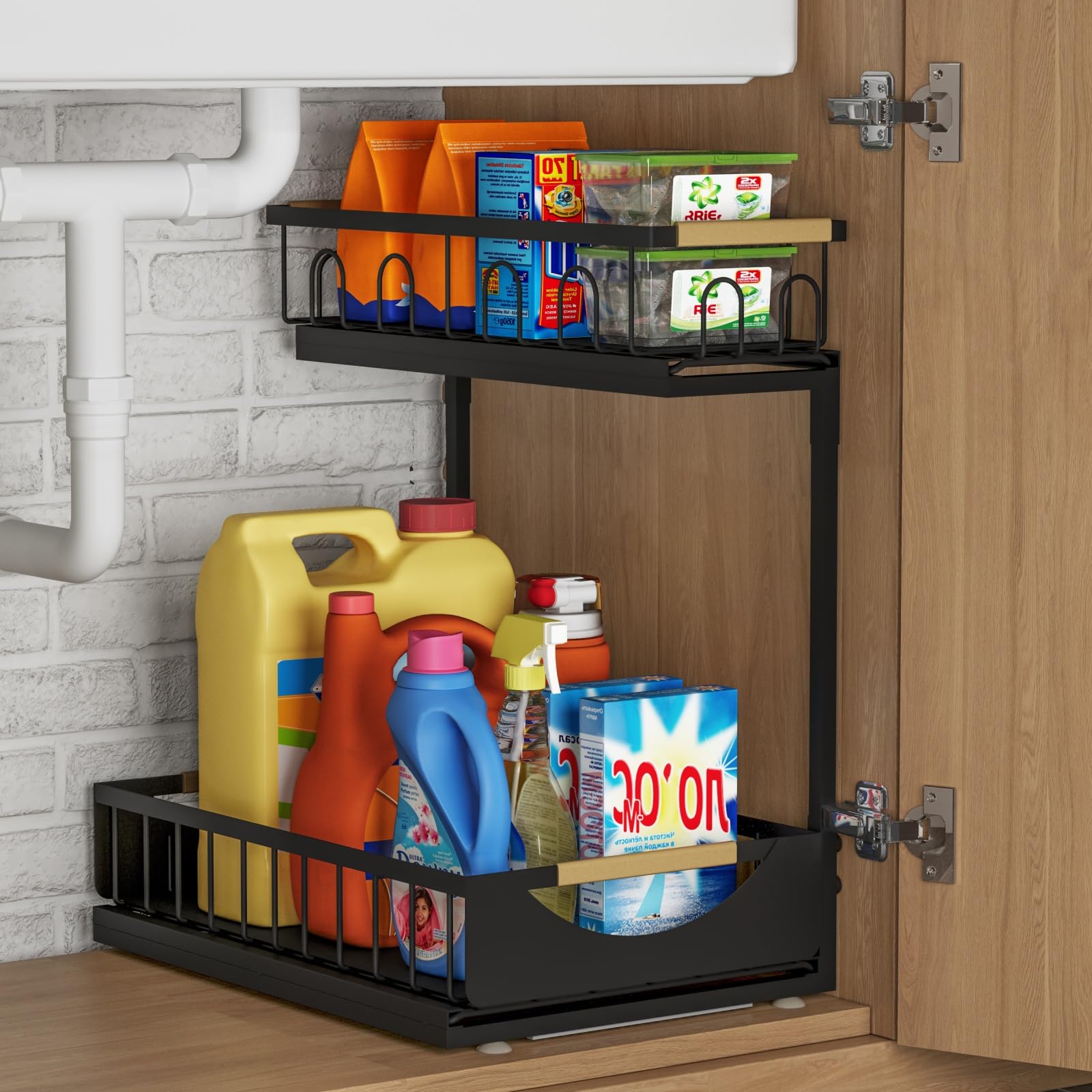 Fantasnight Kitchen Under Sink Storage Organiser - 2 Tier Metal Undersink Organisation for Cupboard - 1 Pack Black