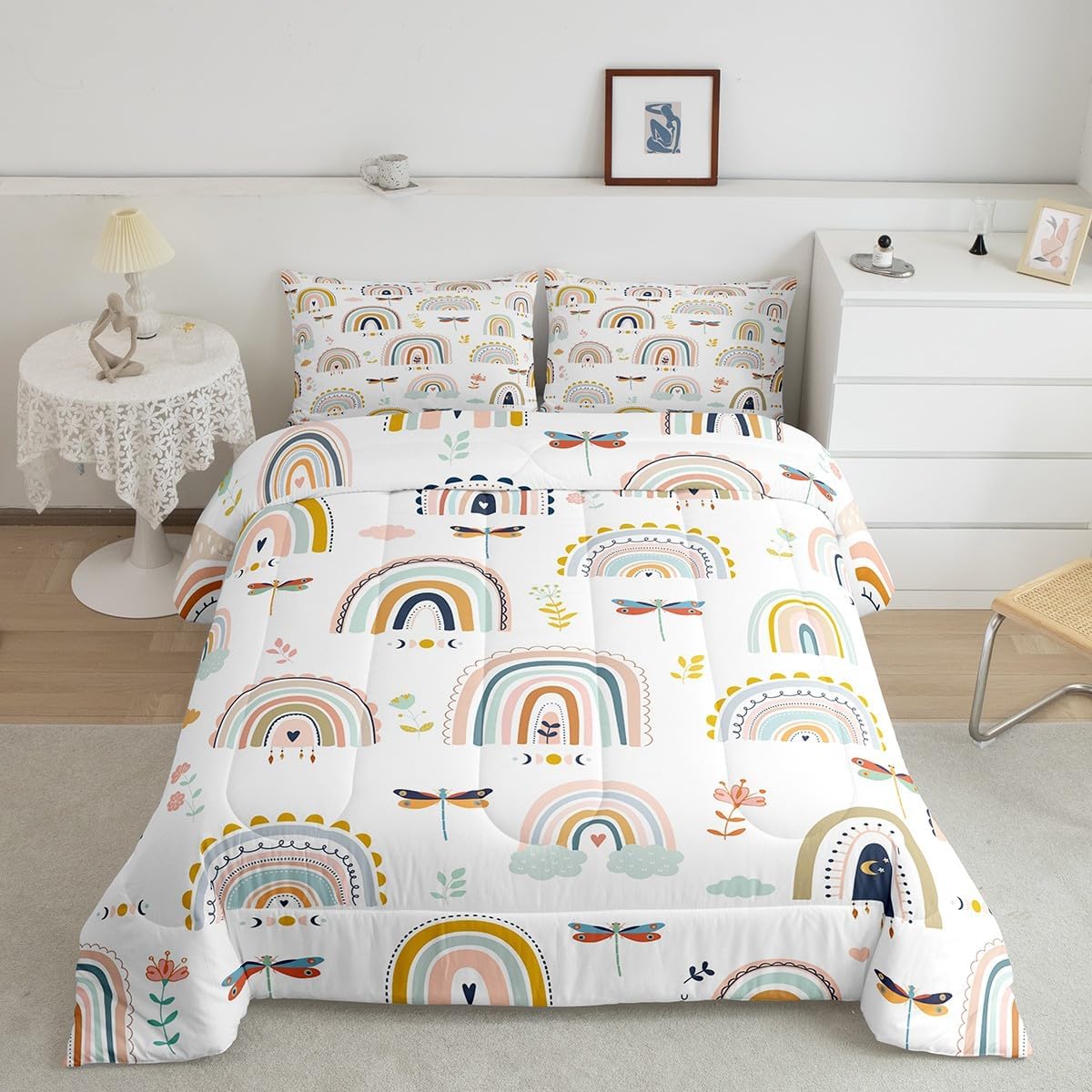 Feelyou Rainbow Comforter Set Twin Size with 1 Pillow Case Colorful Stripes Comforter Light Color Rainbow Bedding Set Dragonfly Quilted Duvet Set for Kids Adults