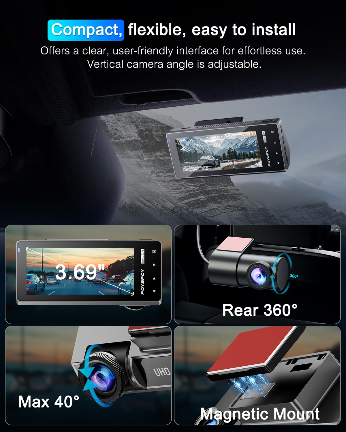 Dashcam Voiture 4K,5GHz WiFi Dashcam avec CPL Filte,Carte SD 64G,3.69" Caméra Embarquée,1080P Avant Grand Angle 170°,App,Mode Stationnement 24H,Vision Nocturne,Enregistrement en Boucle,Max 256G
