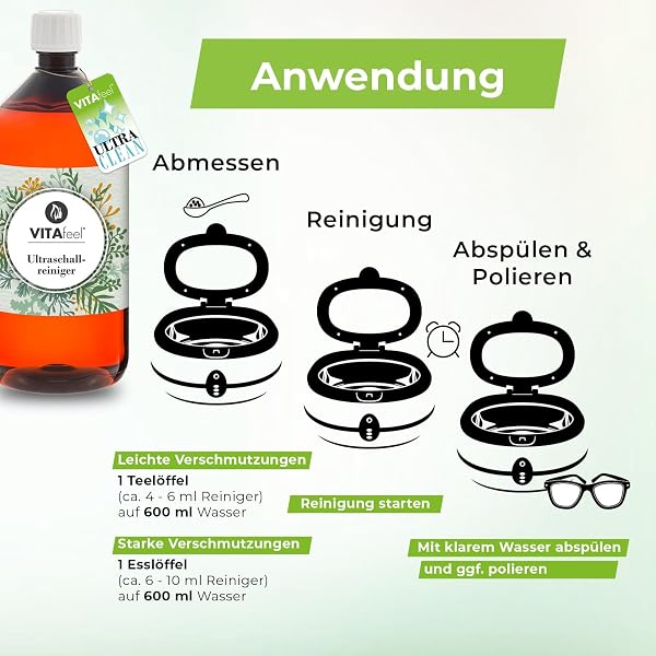 GreatVita Ultraschallreiniger Konzentrat 1L zur Reinigung von Schmuck, Brillen, Uhrenarmbänder, Münzen, Besteck, kleine Werkzeuge | Hochergiebiger Spezialreiniger für alle Ultraschallreinigungsgeräte - 4
